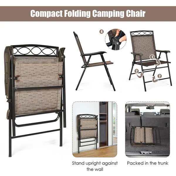 4 Pcs Outdoor Foldable Patio Chair with Stable Frame & Wide Armrest - Black+Brown