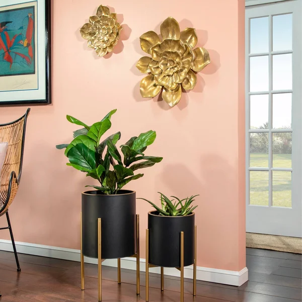 Sagebrook Home Set of 2 Planter on Metal Stand, BLACK/GLD
