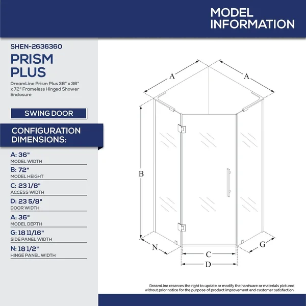 DreamLine SHEN-2636360-09 Prism Plus 36 in. D x 36 in. W x 72 in. H Frameless Hinged Shower Enclosure in Satin Black