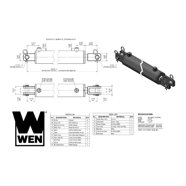 Wen Clevis Hydraulic Cylinder with 3 in. Bore and 12 in. Stroke Cc3012