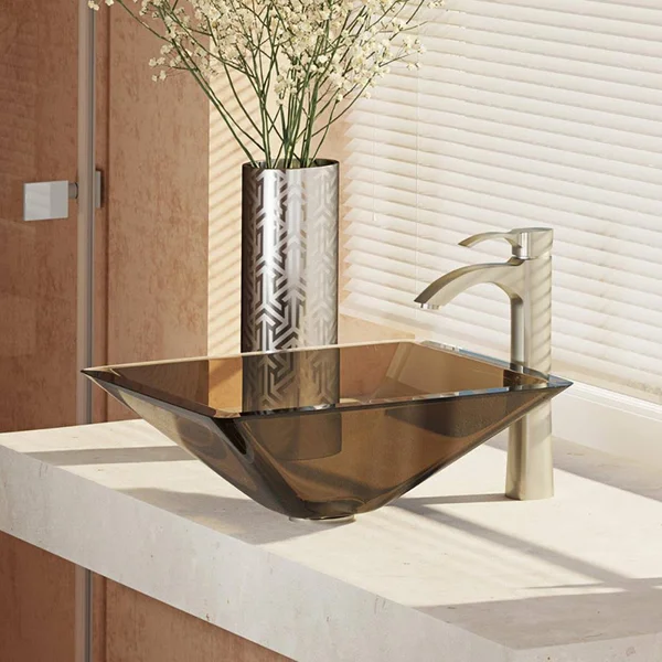Rene R5-5003-CAS-R9-7006 16-1/2x22 Glass Vessel Bathroom Sink with Vessel Faucet Cashmere - Brushed