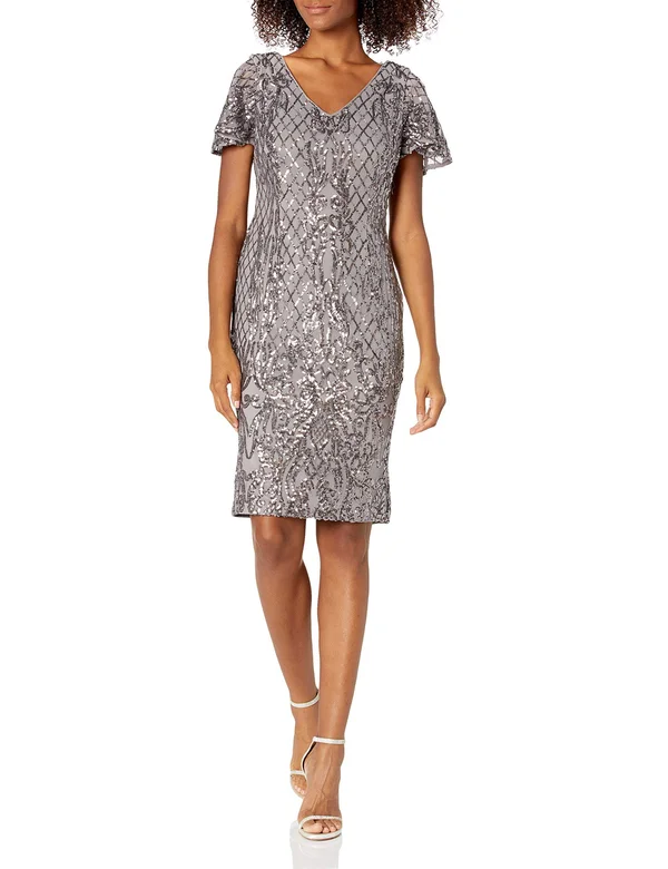 Women's Alex Evenings Sequin Cocktail Sheath Dress - Size 16 - Grey