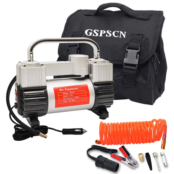 GSPSCN Silver Tire Inflator Heavy Duty Double Cylinders with Portable Bag, Metal 12V Air Compressor Pump 150PSI with Adapter for