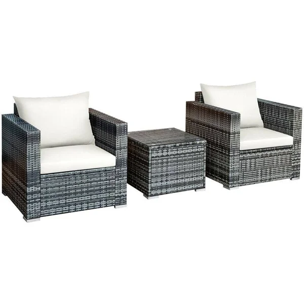 3 Pcs Patio Rattan Furniture Bistro Sofa Set with Cushioned-White - Costway