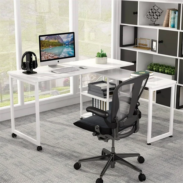 55 inch Corner Computer Desk - Reversible L-Shaped Desk 360癛otating - Black
