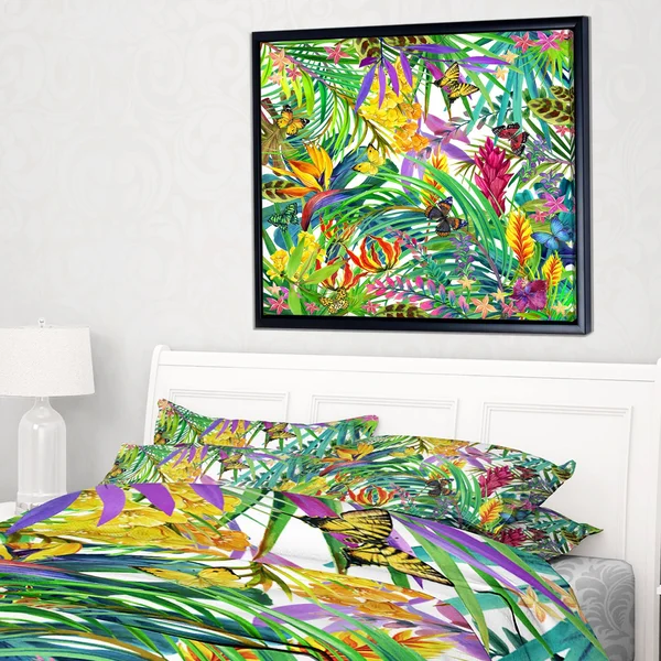 Designart &Tropical Leaves and Flowers& Floral Art Framed Canvas Print - 20 in. Wide x 12 in. High