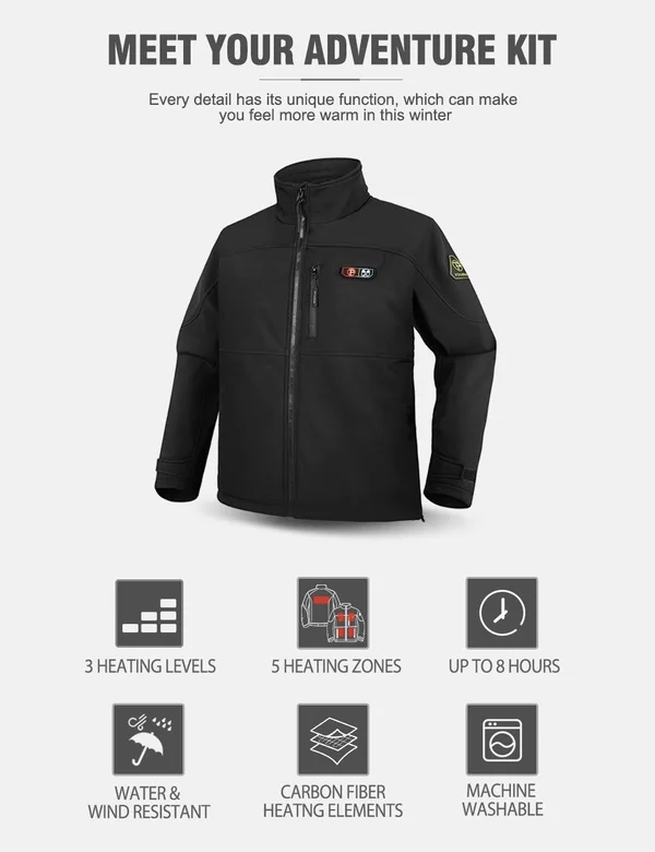 PTAHDUS Mens 5 Zone Heated Jacket with Battery Kit M