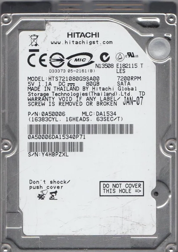 HTS721080G9SA00, PN 0A50006, MLC DA1534, Hitachi 80GB SATA 2.5 Hard Drive