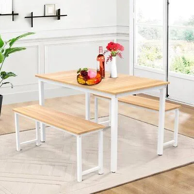 Ivers 3 - Piece Dining Set 17 Stories Table Top Color: Beige - Table Base Color: White, Bench Color: Beige/White
