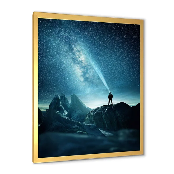 Designart 'A Man Shining A Light Into The Night Sky' Modern Framed Art Print - 30 in. Wide x 40 in. High - Black