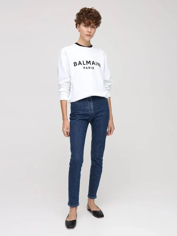 Balmain - Women Logo Printed Cotton Sweatshirt White/Black Xxs