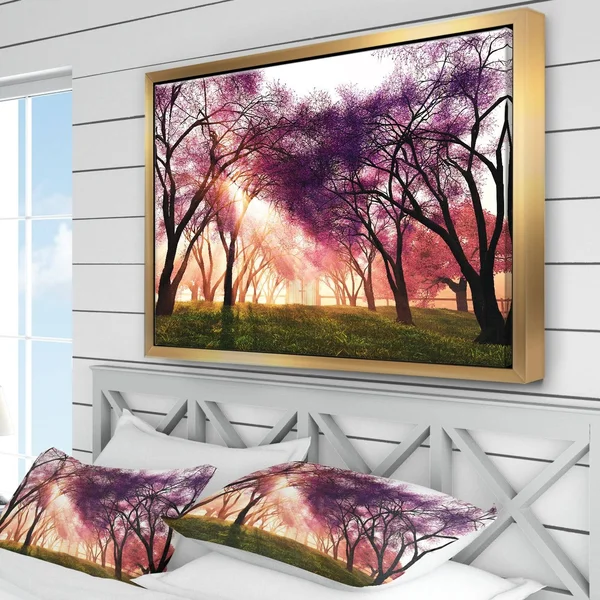 Designart 'Cherry Blossoms Japan Garden' Landscape Framed Canvas Art Print (42 in. Wide x 32 in. High) - Black, Design Art