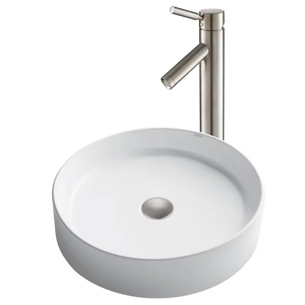 Kraus C-KCV-140-1002SN Round Ceramic Vessel Sink with Sheven Faucet White - Satin Nickel