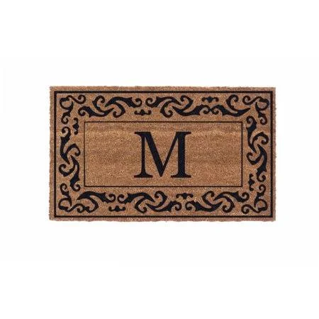 Cocomatsnmore Monogram (S) Vinyl Backed Black Rolling Scrolls Border Doormats 38 inch x 60 inch, Beige