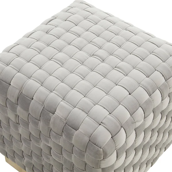 LeisureMod Myrtle 19x22 Square Weave Design Velvet Ottoman with Gold Base Dark Grey