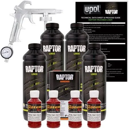 Custom Shop U-POL Raptor Bright Silver Urethane Spray-On Truck Bed Liner Kit w/ Free Custom Coat Spray Gun with Regulator, 6 Lit