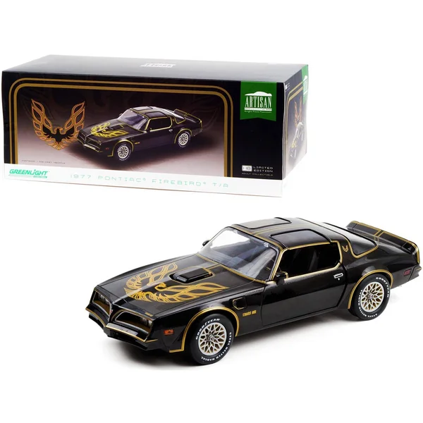 1977 Pontiac Firebird T/A Trans Am Starlite Black with Golden Eagle Hood 1/18 Diecast Model Car by Greenlight