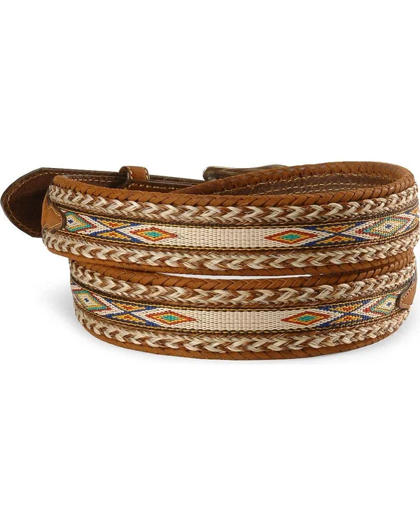 42 inch Tony Lama Brown Men's Badlands Horse Hair with Ribbon Inlay Leather Belt