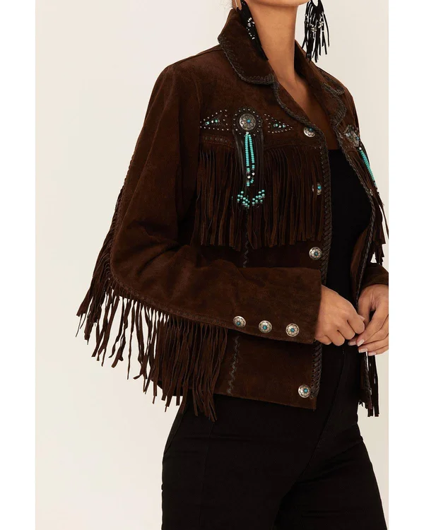 Scully Leather Womens Beaded Fringe Boar Suede Jacket Chocolate