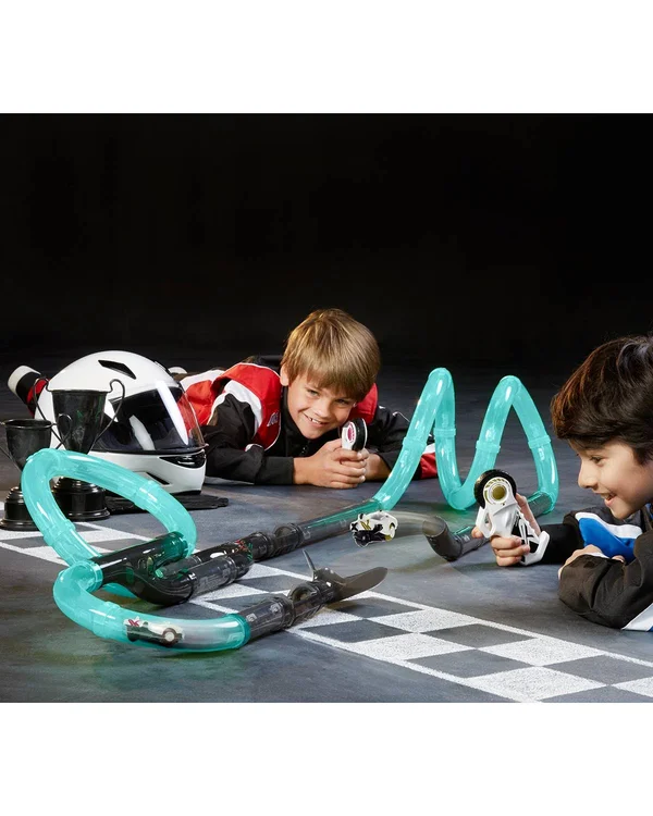 Fao Schwarz 31Piece Glow-in-the-Dark Turbo Tube Racers Race Track Set for Kids with Two Mini Red & Blue RC Cars & Two Re