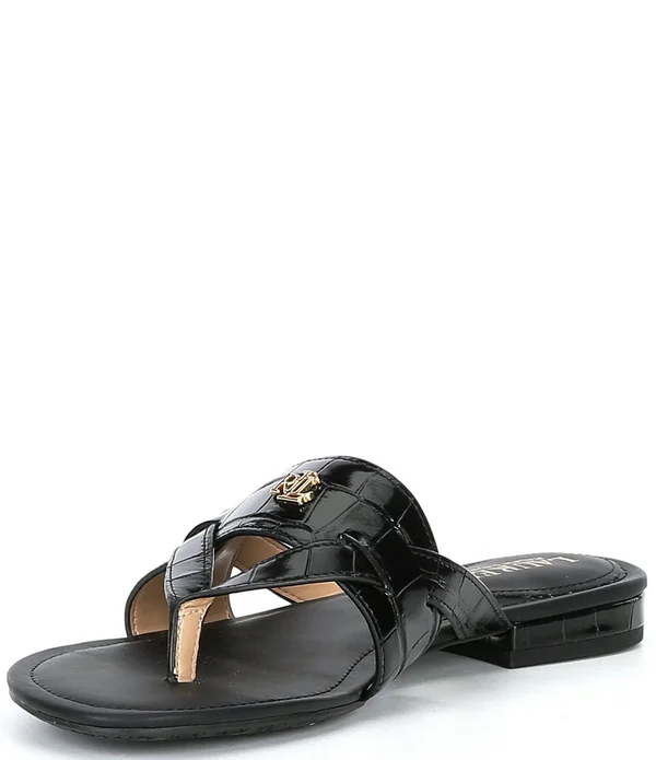 Lauren Ralph Lauren Rosalind Croco Embossed Leather Sandals, Womens, 10M, Deep Saddle Tan