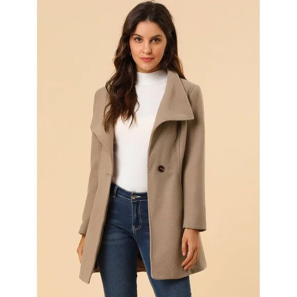 Women's Stand Collar Winter Belted Long Coat - Light Brown - Xs