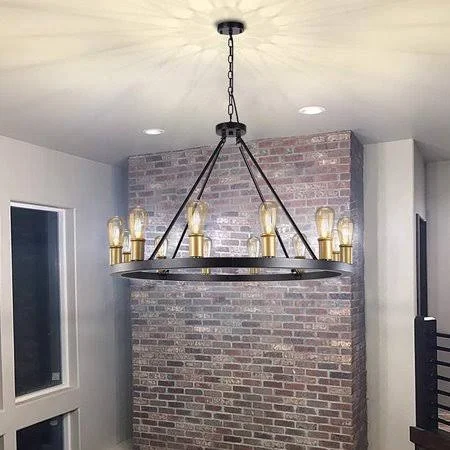 Wellmet Wagon Wheel Chandelier - 35'' Dia 12 Lights Rustic Matte Black Foyer Chandelier, Large Round Mordern Farmhouse Chandelier