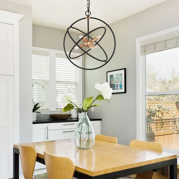 Modern Industrial 6-Light Sputnik Chandelier Orb Adjustable Light - 19.7x22 L x 19.7x22 W x 22x22 H - Black/Gold