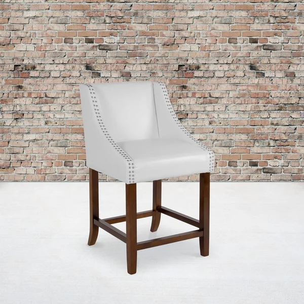 Carmel Series 24x22 High Transitional Walnut Counter Height Stool with Nail Trim in White LeatherSoft, Set of 2