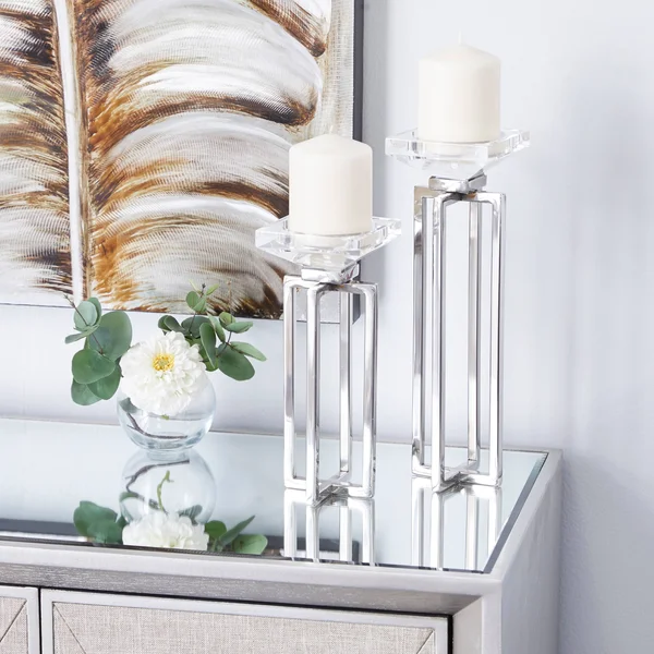 2 Pcs Candle Holders for Pillar Candles Modern Glass and Stainless Steel Centerpieces for Home Silver - 4 x 4 x 13 - White