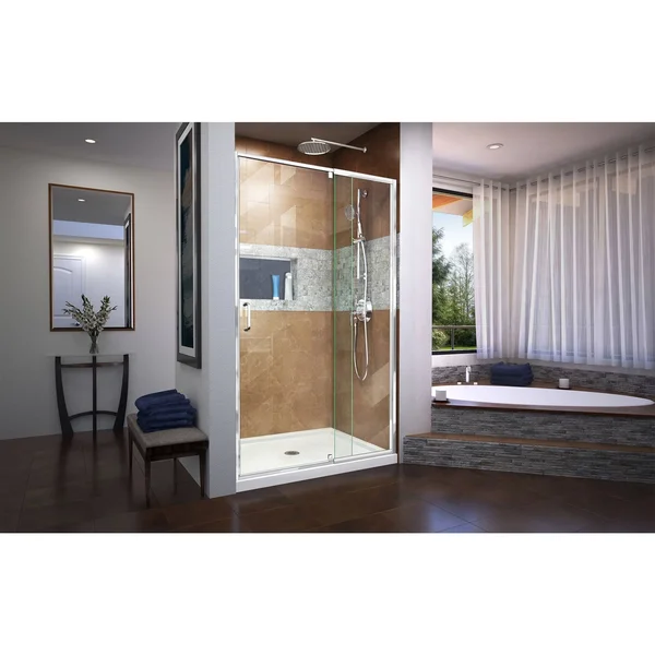 DreamLine DL-6221C-01 Flex 36x22D x 48x22W x 74 3/4x22H Semi-Frameless Pivot Shower Door in Chrome with Center Drain White Base