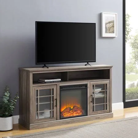 Manor Park Traditional 2 Door Electric Fireplace TV Stand, Grey Wash, Gray