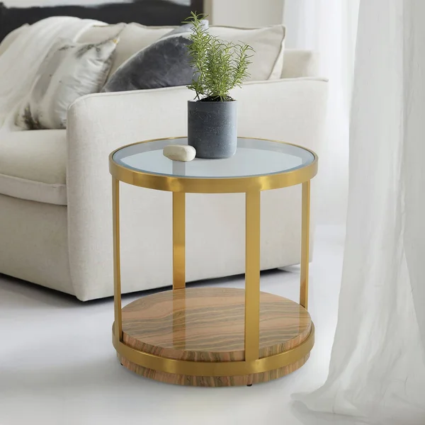 Armen Living Hattie Glass Top End Table with Brushed Gold Legs