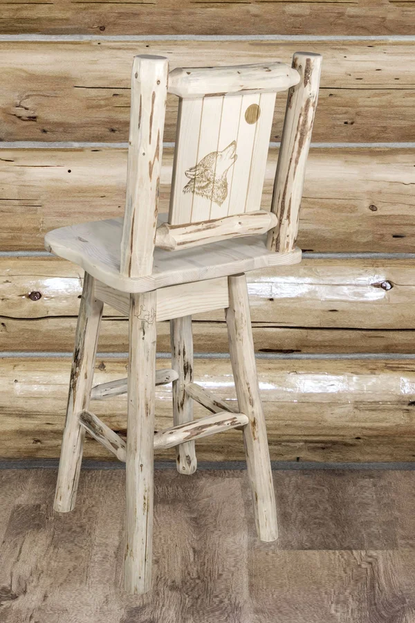 Montana Collection Barstool w/ Back & Swivel w/ Laser Engraved Wolf Design, Clear Lacquer Finish