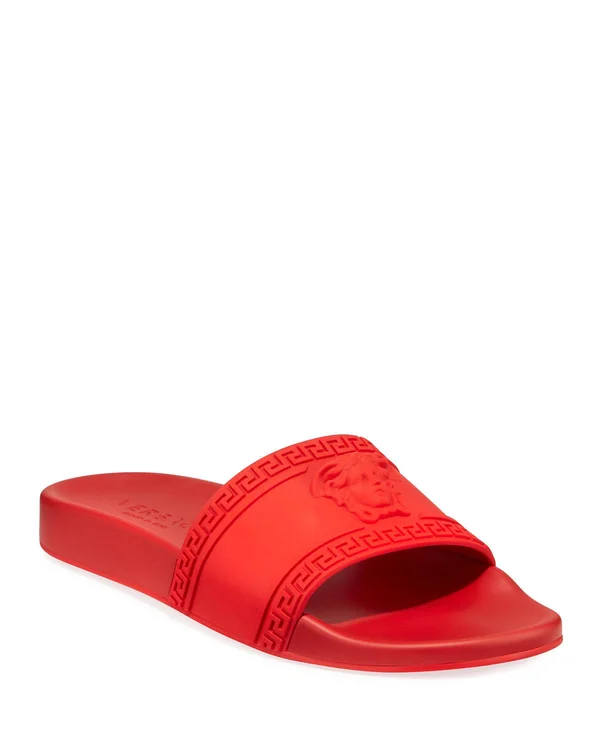 Versace Men's Medusa & Greek Key Shower Slide Sandals, Red, Men's, 10D