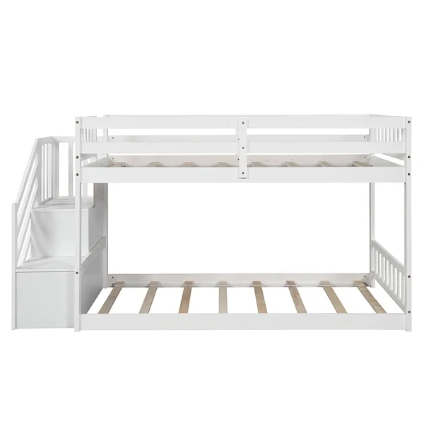 Twin Over Twin Floor Bunk Bed - Ladder with Storage - White