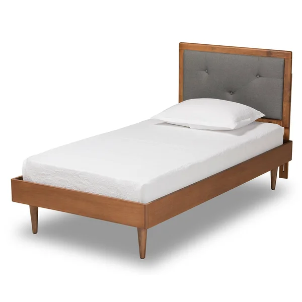Baxton Studio Saul Mid-Century Modern Fabric Upholstered and Finished Wood Platform Bed Dark Grey & Walnut Brown, Twin