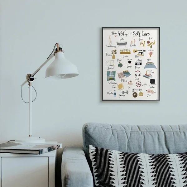 Stupell Industries ABC&s of Self Care Adult Relaxation Alphabet Framed Wall Art Design by Gigi Louise - 24 inch x 30 inch, Black