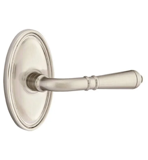 Emtek 4 1/2x22 Classic Brass Door Lever Set with Oval Rosette in French Antique, Interior Lever Type: Turino Lever, Hand Positio